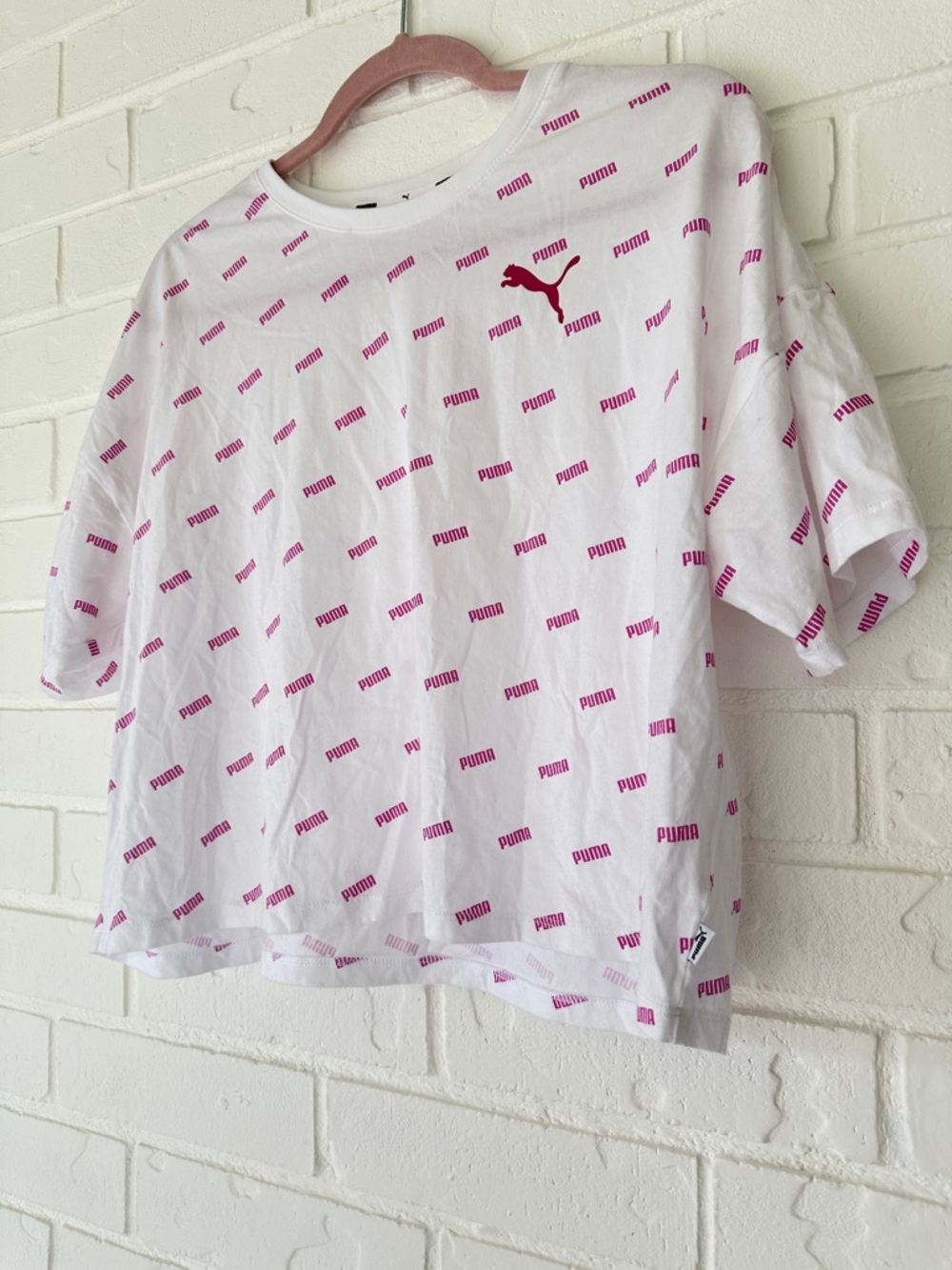 Puma White Crop Tee with Pink Logo Pattern
